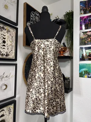 Cabernet Leopard Print Satin Slip Dress Black Lace Trim Chemise Nightgown Size M thumbnail 2