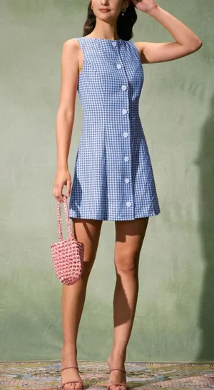 Rihoas Blue Boat Neck Cotton Plaid Mini Dress thumbnail 3