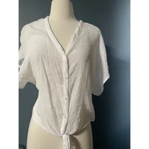 TIMING White Textured Button Front Tie Waist Dolman Sleeve Blouse Top Size S thumbnail 2