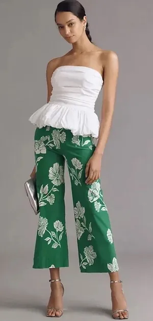 Women's Pants Marve Green Colette 30 Floral High Waist Crop Resort Kelly Bright thumbnail 1
