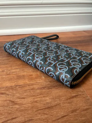 Coach Long Zip Around Wallet with Signature Monogram Print, Navy Blue / Gold thumbnail 12