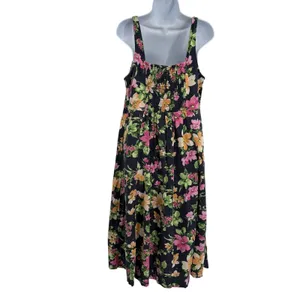 Old Navy Linen Blend Floral Midi Dress Sz L Cottagecore Milkmaid Coastal Navy thumbnail 9