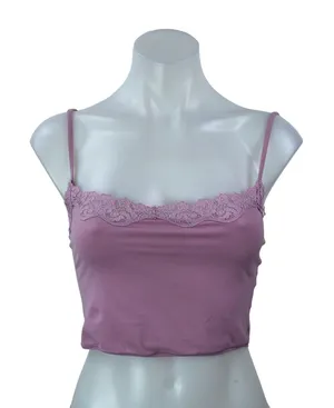 Skims Pink Floral Lace Trim Sleeveless Square Neck Cami Tank Crop Top Size M thumbnail 1