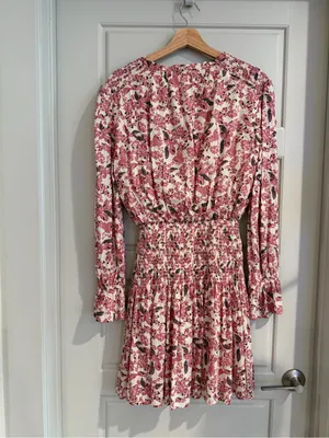 Tie-Neck Smocked Waist Mini Dress Pink Floral Size Medium‎ thumbnail 4