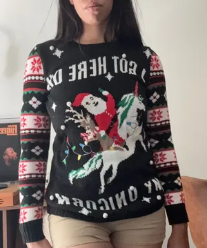 No Boundaries Black Santa Riding Unicorn Ugly Christmas Sweater Pom Poms Medium thumbnail 1