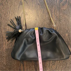 Understated Faux Leather Black Ruched Frame Clutch Pouch Handbag with Gold Chain thumbnail 4