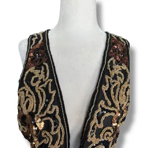 Vintage 90s‎ Black Tie Silk Beaded Metallic Sequin Open Front Vest Gold Bronze thumbnail 3