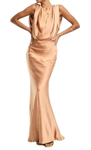 ASOS Design Textured Satin Drape Shoulder Maxi in Brown, Size 14 thumbnail 1