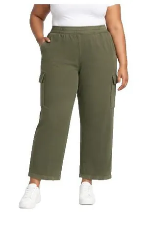 Terra & Sky Womens Plus Size 3X Olive Cargo Pants French Terry Wide Leg 28in thumbnail 1