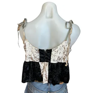 Black Velvet Babydoll Crop Top MEDIUM Ruffle Camisole Dark Romance Going Out NEW thumbnail 6
