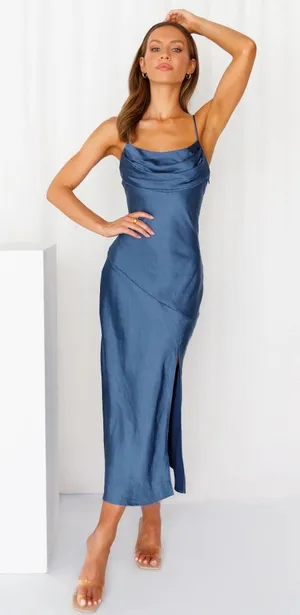 Hello Molly LYCHEE MARTINI SATIN MIDI DRESS NAVY thumbnail 1