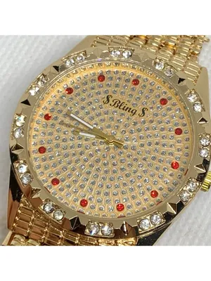 Bling men’s watch iced dial 37mm gold tone quartz red indices up to 8” running thumbnail 3