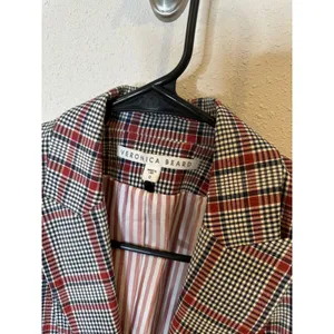 Veronica Beard Red Plaid‎ Double Breasted Blazer Jacket Size 0 Ruched Sleeve USA thumbnail 2