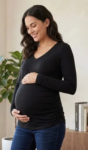 Quince Size-M Maternity Long Sleeve Top Black Tencel Lyocell Ruched V-Neck thumbnail 1