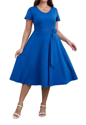 Women's Plus Size 3X Royal Blue Midi Dress with Waist Tie thumbnail 1