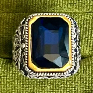 Silver Ottoman Style Large Sapphire Gemstone Ring Size 6 thumbnail 1