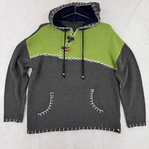Hooded Sweater Gray Green Color Block Pocket Beads Toggle Button Boho Asymmetric thumbnail 1