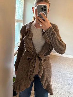 MM Couture Brown Ruffle Cardigan Sweater thumbnail 1