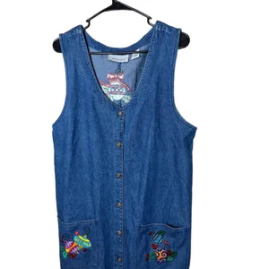 Westbound‎ Vintage Christmas Denim Maxi Dress Button Front Embroidered L thumbnail 2