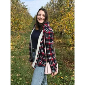 Women Red and Navy Blue Plaid Sherpa Lined Button Down jacket thumbnail 2