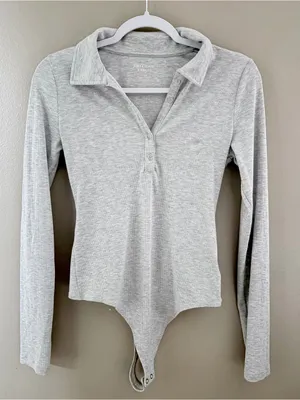 American Eagle Long Sleeve Henley Bodysuit Medium Grey Ribbed thumbnail 1