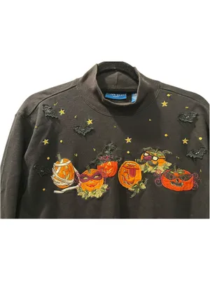 Vintage 90s Karen Scott Halloween Embroidered Mock Neck Shirt Pumpkin Large L thumbnail 5
