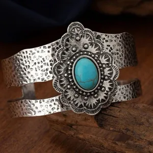 Vintage style turquoise and silver metal open cuff bangle. New thumbnail 4