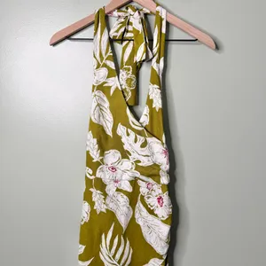 NEW Zara Linen Floral Tropical Halter Neck Maxi Dress Green Khaki White Pink XS thumbnail 8
