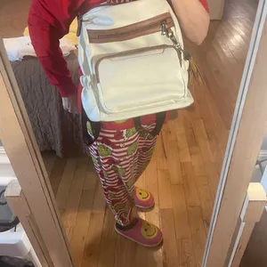 White and Brown Backpack with Textured Material and Multiple Compartments thumbnail 6