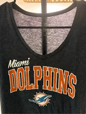 NFL Women's Black V-Neck Miami Dolphins Tee with Orange Lettering thumbnail 2