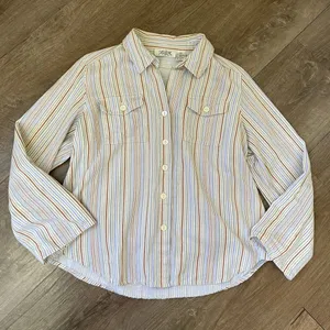 Selene Sport Vintage Linen Rayon Striped Roll Tab Sleeve Button Up Shirt ~ Sz L thumbnail 9