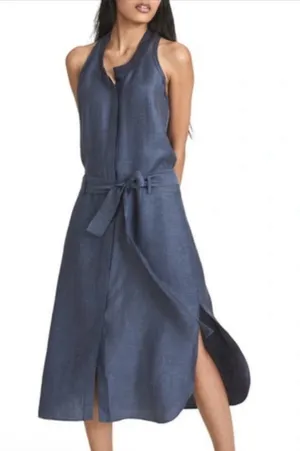 Reiss Keeley Sleeveless Belted Midi Dress Hemp Size 4 Blue Classic Quiet Luxury thumbnail 1