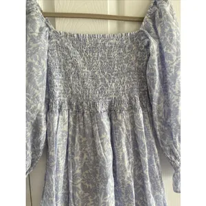 o.p.t. Floral Smocked Midi Dress‎ Womens Size S Blue White Puff Sleeve Toile thumbnail 4