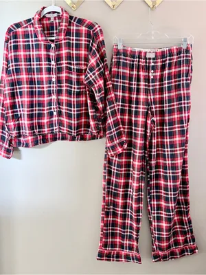 J.Crew Plaid Pajama Flannel Set Women Small Red Navy Blue Cotton NWOT thumbnail 2
