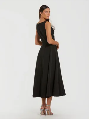 Mac Duggal 2329 Black Crepe A Line Midi Dress with 3D Flower sz 10 thumbnail 3