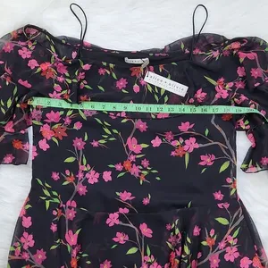 Alice + Olivia Black Floral Silk‎ Chiffon Lexis Sakura Mini Dress Off Shoulder 6 thumbnail 6