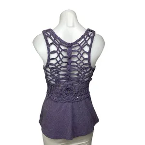 Free People Floral Cotton Purple Sleeveless Round Crochet Peplum Tank Top Size S thumbnail 3