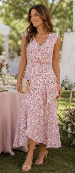 ELOQUII Floral Ruffle High-Low Maxi Dress Pink White Black Size 14 thumbnail 1