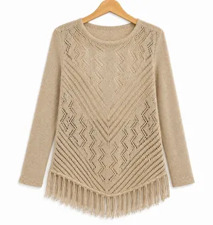 Style & Co Cream Tan Knit Fringe Boho Western Indie Desert Festival Sweater M thumbnail 1