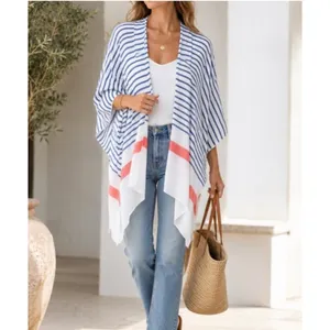 Mersea Thinny Traveler Travel Wrap White Navy Red Striped Poncho TTRV-WHITE NWT thumbnail 2