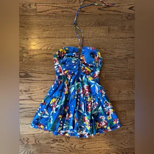 Anthropologie Emily Halter Mini Dress Small Floral Cut Out Ruched Open Back Blue thumbnail 3