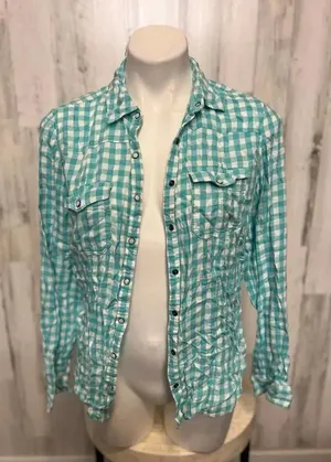 Maurices Turquoise Blue Gingham Plaid Button Down Shirt Womens Size Medium M Lon thumbnail 1