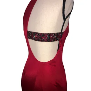 Kurt Thomas Red Cowl Neck Slinky Halter Gown Size 2 Beaded Open Back Maxi Dress thumbnail 3