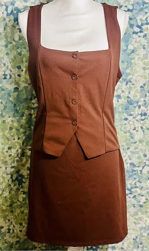 NWT Madden Girl Brown Sleeveless Mini Dress Square Neck Button Front Size L thumbnail 1