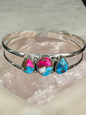 Cotton Candy Turquoise Sterling Silver Multi Stone 3 Stone Cuff Bracelet 925 thumbnail 2