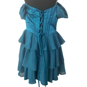 Teal Sequin Corset Mini Dress Off Shoulder Ruffle Tiered Lace Up Prom Formal S/M thumbnail 4