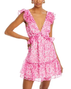 AQUA Pink Floral Ruffle Trim Mini Dress thumbnail 2