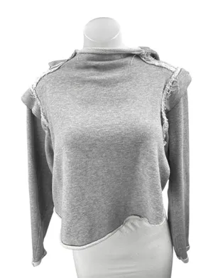 Free People Women's Gray Distressed Long Sleeve Hooded Hoodie Crop Sweatshirt M thumbnail 1