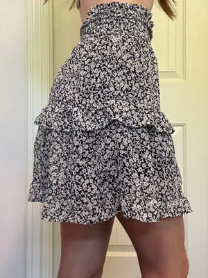 Sienna Sky Black & White Floral Smocked Mini Skirt - Boho Ruffle Tiered, Size S thumbnail 1