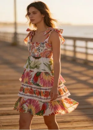 Farm Rio Mixed White Print Layered Dress M Tropical Floral Tiered cotton smocked thumbnail 1